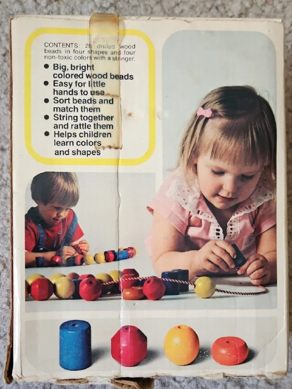 Playskool 702 Jumbo Wood Beads String - Red, Yellow, Blue Vintage 1978 28 Beads
